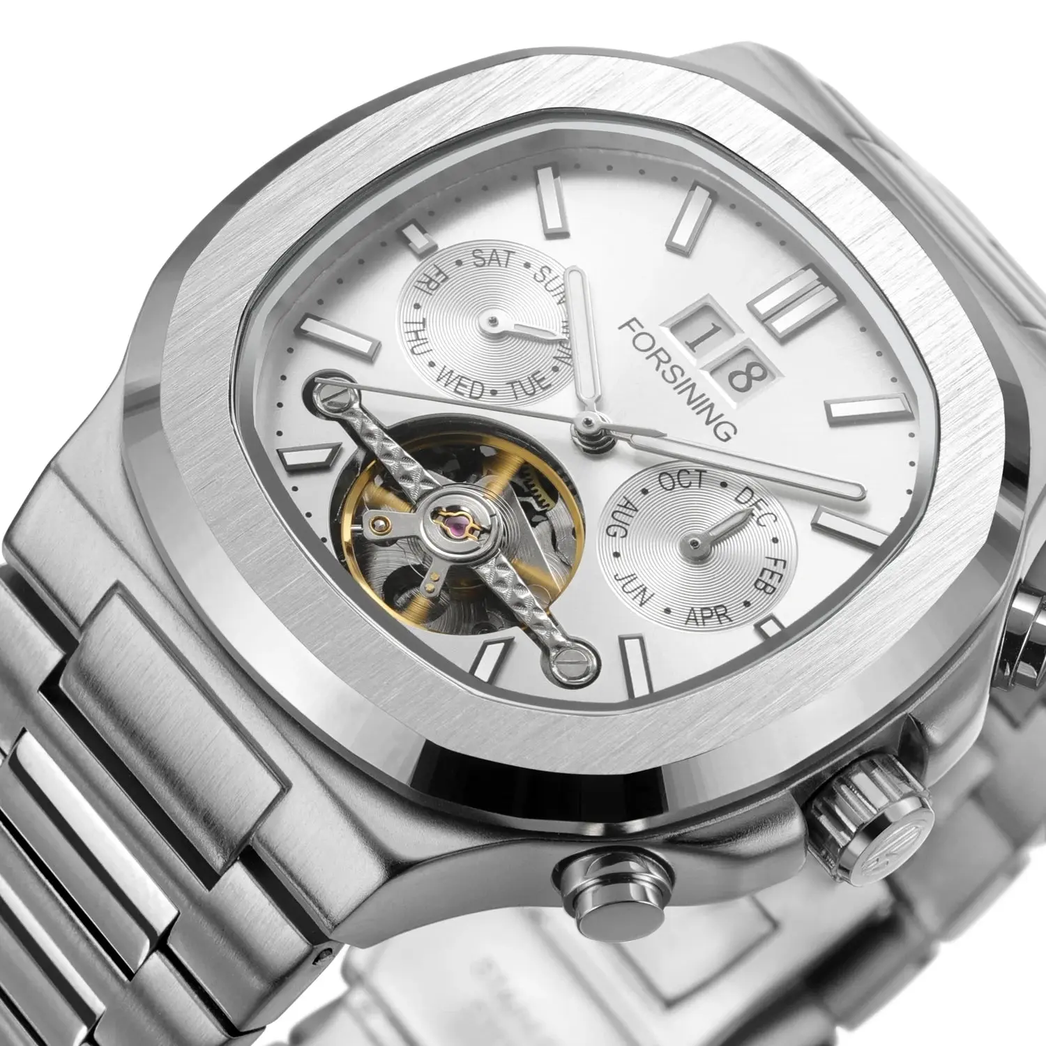 Forsining Fashion Tourbillon Skeleton Automatic Mechanical Watch for Men Luminous Hands Stainless Steel Strap Business Watches