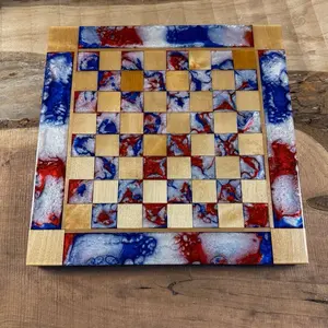Red White & Blue Maple Wood Chess Board (INLCUDES PIECES)
