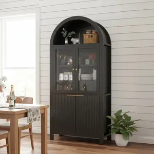 ARCH 71" Fluted Tall Arched Pantry Cabinet with Adjustable Shelves, Elegant Display Storage with Hidden Drawer & Glass Door for Kitchen, Living Room, Dining Room, Black