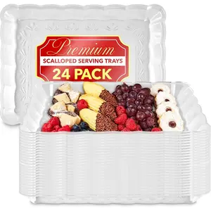 (24 Pcs) Clear Plastic Serving Tray 9x13, Large Plastic Serving Platter Disposable, Rectangle Party Trays and Platters for Fruit, Dessert, Cookies, Appetizers, , Entertaining, Holiday Parties