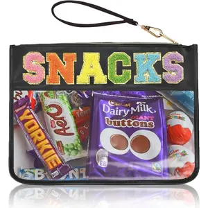Snacks Bag Clear Chenille Varsity Letter Zipper Pouch Travel Makeup Bag Aesthetic Storage Organizer Pouches for Women with Glitter Patch Letters (Black-Snacks)