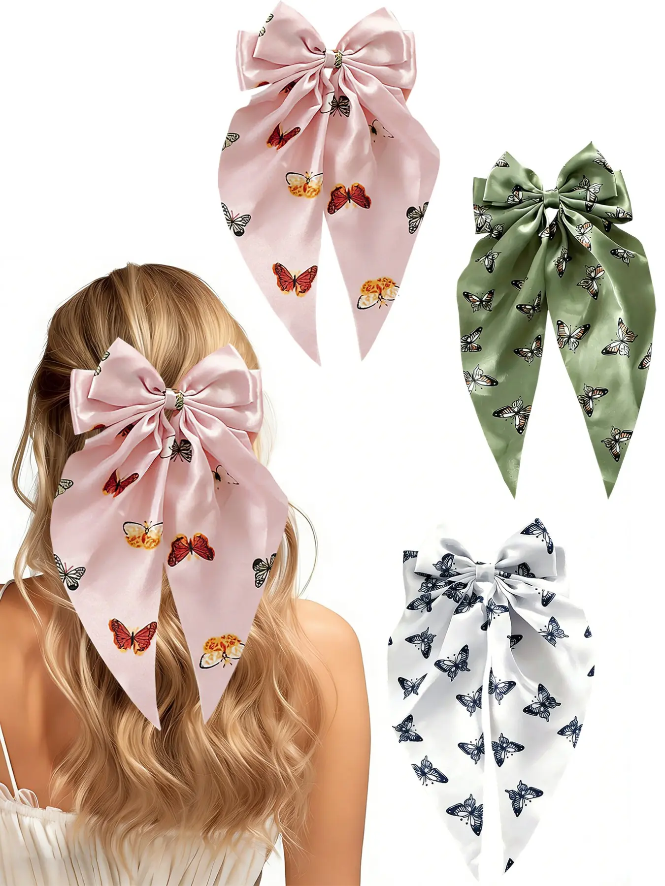 Elegant Fabric Butterfly Print Long Tail Bow Hair Clips, Butterfly Hair Clip For Women 3pcs Versatile Half Updo Hair Accessories for Daily Use and Parties, Hair Clip Set