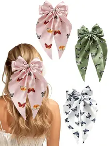 Elegant Fabric Butterfly Print Long Tail Bow Hair Clips, Butterfly Hair Clip For Women 3pcs Versatile Half Updo Hair Accessories for Daily Use and Parties, Hair Clip Set
