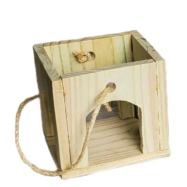 8" Hand Crafted Wooden Lanterns with Rope Handle Natural Wood Design Decorative Item, (Pressure Treated PT), Flat Top.