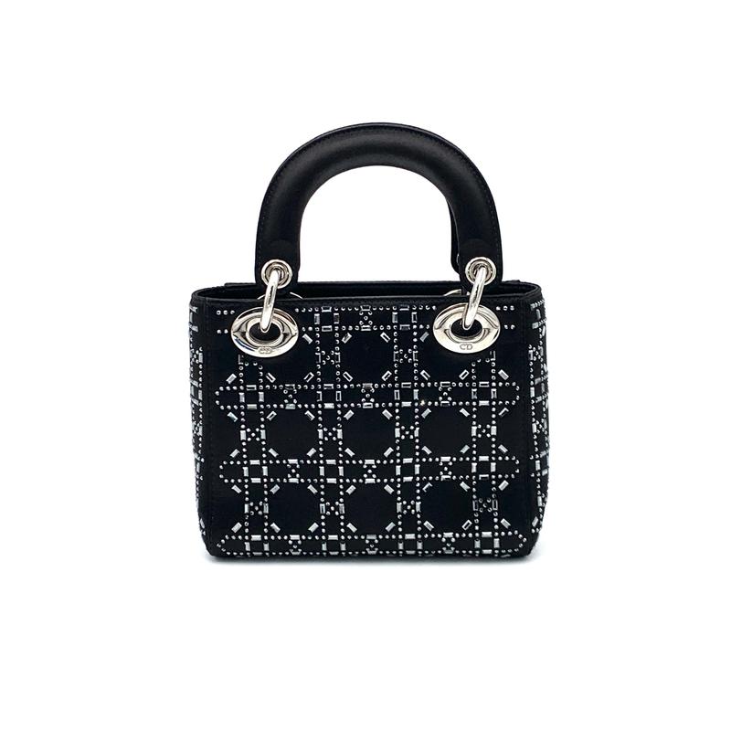 Pre-owned DIOR Satin Handbag Lady Bag Crystal Embellished Cannage Quilt Mini Black #1954