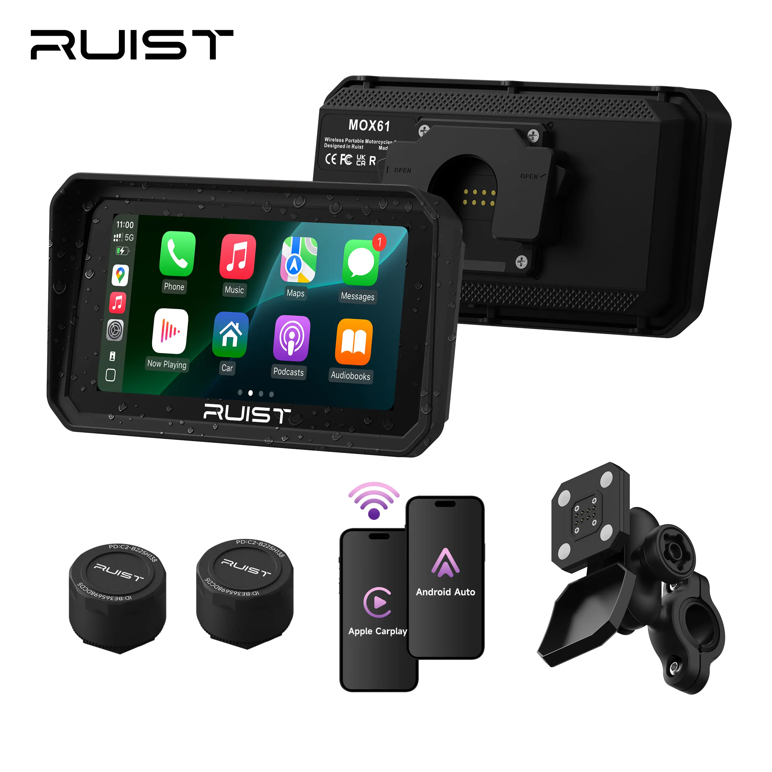RUIST MOX61 Motorcycle Carplay HD Touchscreen 6.1", Wireless Apple CarPlay & Android Auto, IP67 Waterproof GPS with TPMS