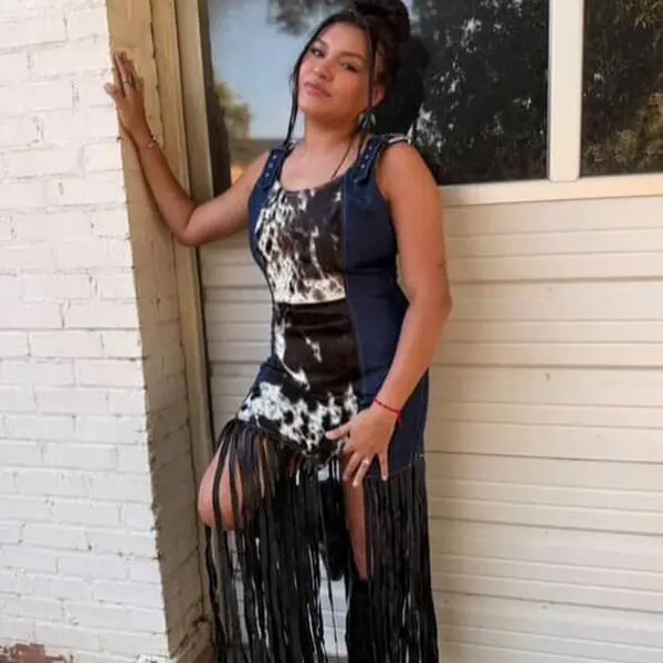 Denim & Cowhide Dress with Fringe Detail - TikTok Shop