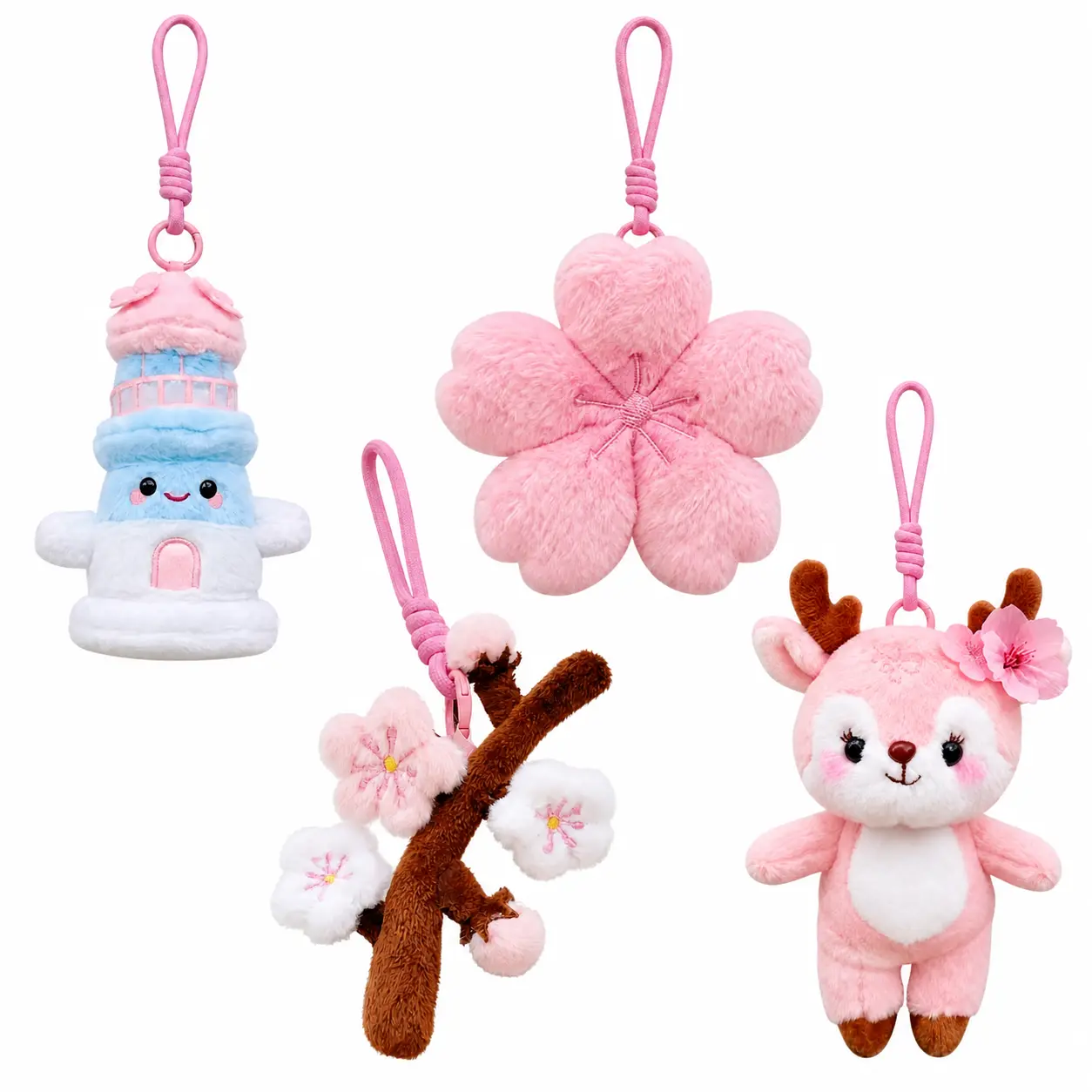 Cute Soft Bag Charm Keychain Set, Pink Decorative Hanging Accessories with Flower, Deer, Cherry Blossom Branch and Lighthouse Designs, Clip-On Pendant for Handbag Backpack Purse Keys