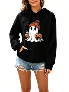 Women's Halloween Cartoon Ghost Print Drop Shoulder Hoodie, Waffle Textured Drawstring Pocket Sweatshirt, Casual Fall Winter Daily Wear