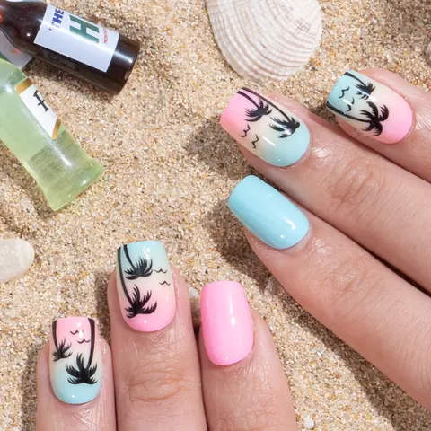 Tropic Hue Press On Nails | CurvLife Nail | 24pcs Medium Square Fake Nails | Glossy Finish with Palm Tree Designs & Gradient Colors | Easy to Apply, Comfortable & Long-Lasting | Great for Beach Trips, Summer Parties, Casual Days & Tropical Events
