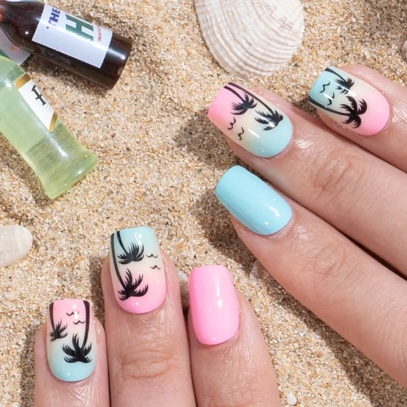 Tropic Hue Press On Nails | CurvLife Nail | 24pcs Medium Square Fake Nails | Glossy Finish with Palm Tree Designs & Gradient Colors | Easy to Apply, Comfortable & Long-Lasting | Great for Beach Trips, Summer Parties, Casual Days & Tropical Events