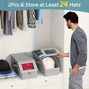 Stackable Baseball Cap Storage Box 2-Pack, Hat Organizer with Clear Window, Large Capacity Hat Storage Bin for Baseball Caps, Socks, Underwear & Toys, Sturdy Cardboard Closet Organizer, Unisex, Classic Gray