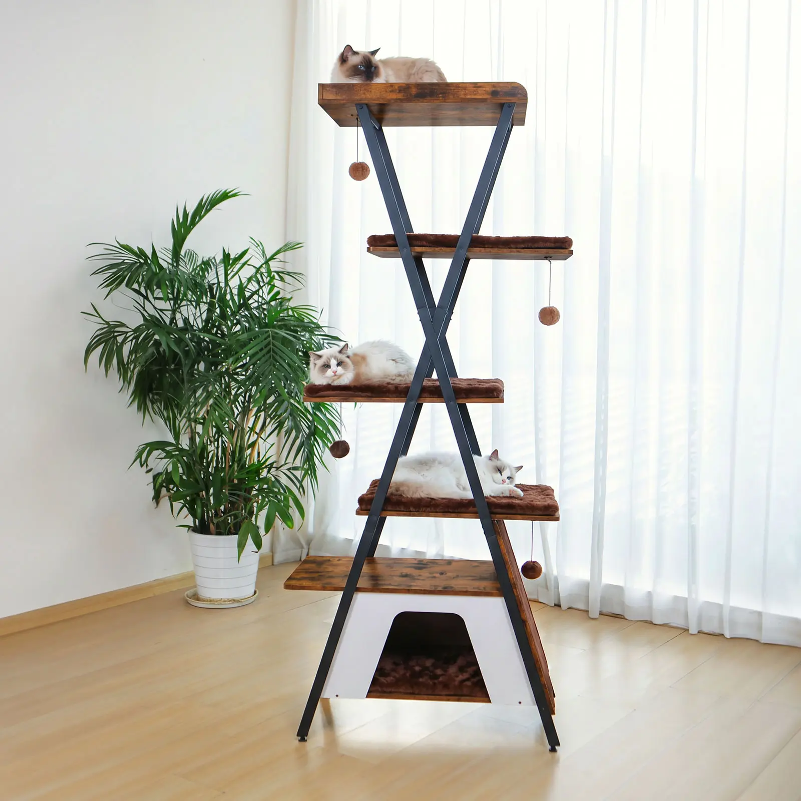 73" Modern Cat  Tree Tower for Indoor  - Multi-Level Cat Tree with Scratching Posts, Caves, Large Perch & Removable Pads - Wooden Cat Furniture