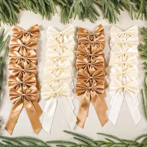 24 count Christmas Tree Bows Satin Ribbon Bow Ornaments for Christmas Tree with Twist Tie 5 x 6 Inch Champagne Khaki Holiday Ornament for Wreath Garland DIY Craft, 1.57 Inch Wide Ribbon