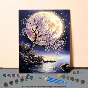 Cherry Blossom Tree & Moon DIY Painting By Numbers Kit without Frame, DIY Paint By Numbers Kit for Beginner, Wall Art Decor for Home Living Room Bedroom