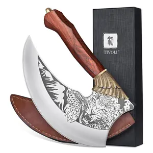 TIVOLI Ulu Knife 9-inch Pizza Cutter Axe, Viking Butcher Cleaver Knife, German 1.4116 Super Steel Rose Wooden Handle with Sheath & Box, Mincing Meat Vegetable Rocking Knives Birthday Gift Men Women
