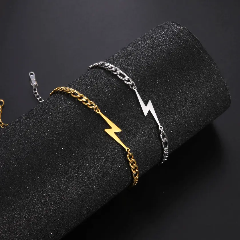 Quality Stainless Steel Figaro Link Super Lightning Bolt Pendant Chain Bracelet