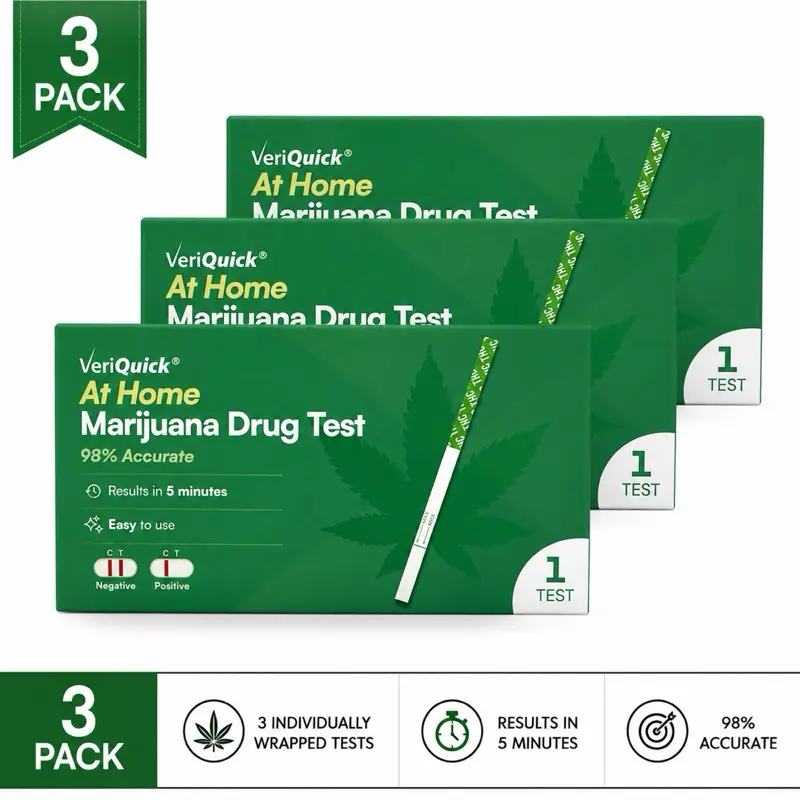 VeriQuick At-Home Marijuana Urine Test Kit Pack, 3 Individually Wrapped Urine Strips, 5-Minute Fast Results, Health Monitoring Medical Supply, Home Test Kit