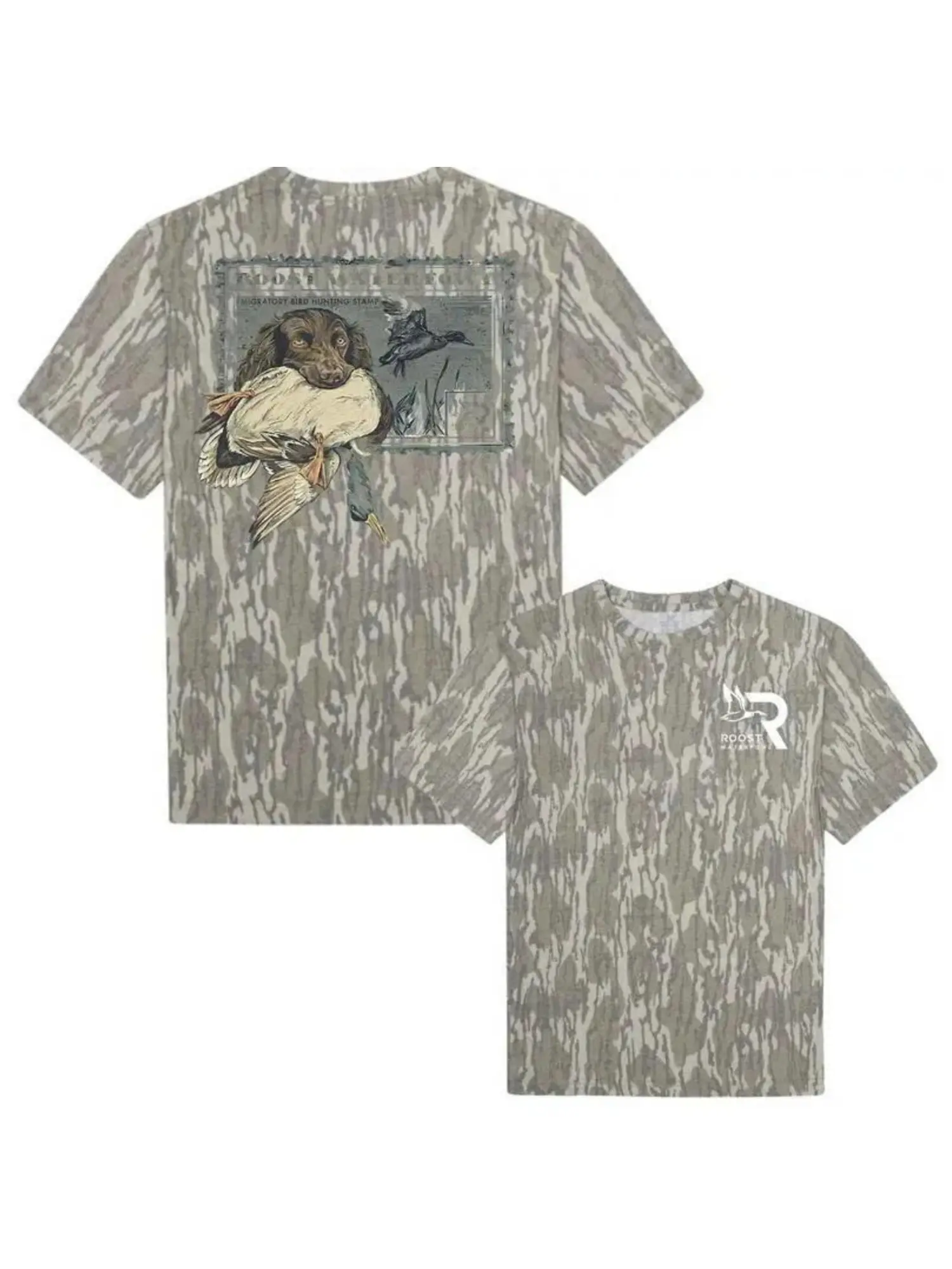 Roost Waterfowl Boykin Stamp Camo Shirt - Mossy Oak Washed Bottomland Mallard Tee - Soft Stretch Cotton Crew Neck Tee For Men & Women, Full Size S-5XL