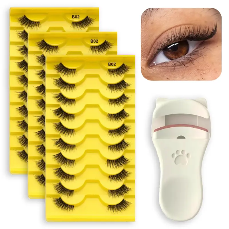3 boxes 30 pairs of soft, natural cat-eye half false eyelashes - soft artificial eyelashes, D-curl, 10-12mm in length, easy for beginners to use, creating a natural eyelash effect, suitable for beginners, soft and comfortable.