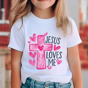 Girls' Cotton Crew Neck T-Shirt With "Jesus Loves Me" Cross Design - Geometric Pattern, Breathable Knit Fabric, Regular Fit, All-Season Casual Top, Shirts For Girls