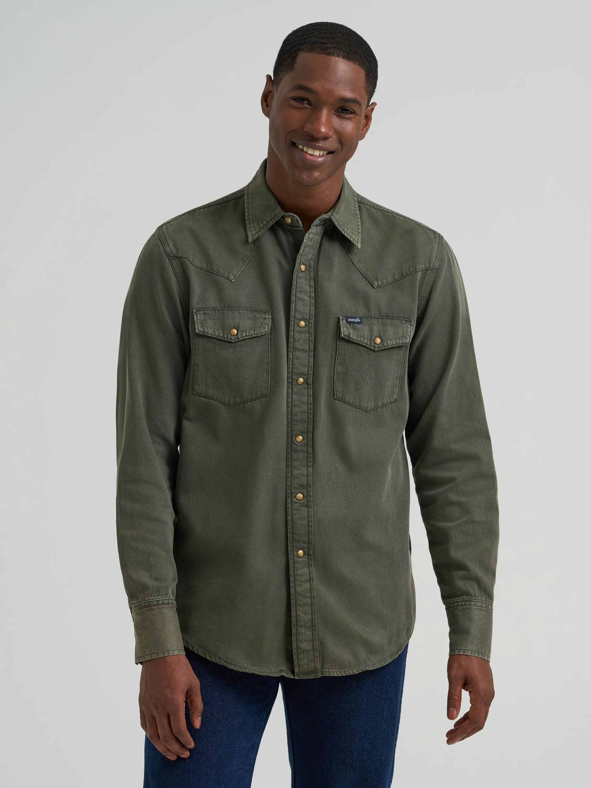 Men's Wrangler Colorwash Denim Western Snap Shirt in Olive Denim Classic Menswear