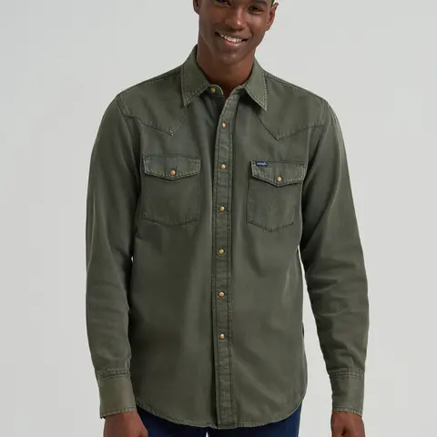 Men's Wrangler Colorwash Denim Western Snap Shirt in Olive Denim Classic Menswear