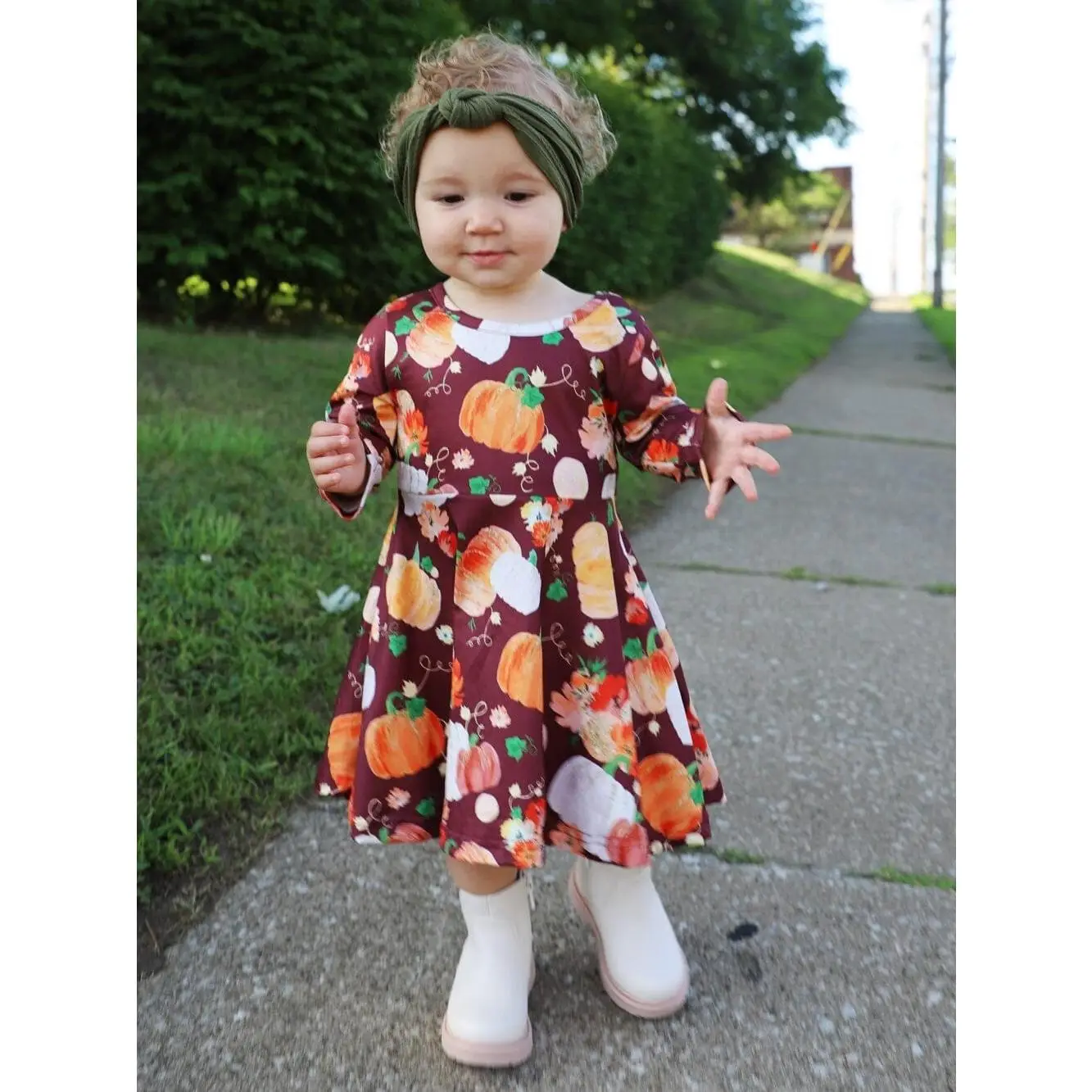 Pumpkins Please Burgundy Long Sleeve Girls or Toddler Fall Skater Style Dress