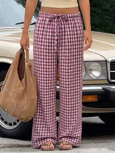 Women's Loose Fit Casual Wide Leg Straight Plaid Long Drawstring Pants, Comfortable and Stylish, Perfect for Daily Wear