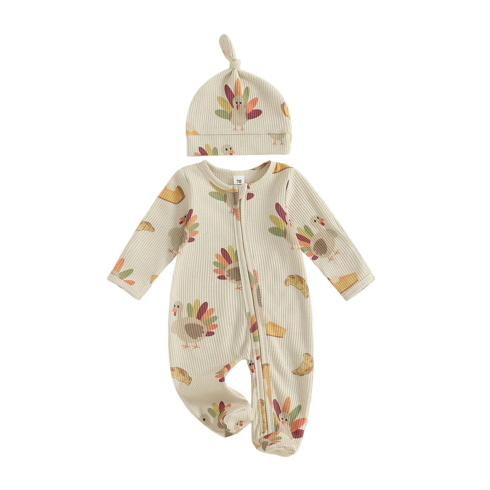 Homemade Rolls Thanksgiving Baby Boy Outfit Turkey Pies Print Waffle Knit Footed Romper Zipper Full Length Jumpsuit Long Sleeve Bodysuit with Hat Newborn Coming Home Photo