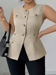 Plus Size Women's Apricot Linen Texture Round Neck Vest, Multi-Pocket Gold Button Waistless Sleeveless Top, Summer Office Casual Wear