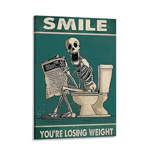 Vintage Skeleton Reading Newspaper Canvas Poster - Humorous "Smile You're Losing Weight"  Art, Retro Teal Decor for Living Room, Indoor Decor|Vintage Poster|Printed  Art, Vintage  Art wall