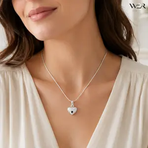 Silver Puffed Heart Pendant Snake Chain Necklace Polished Finish Adjustable Length Lightweight Jewelry for Women Girls Daily Wear Gift