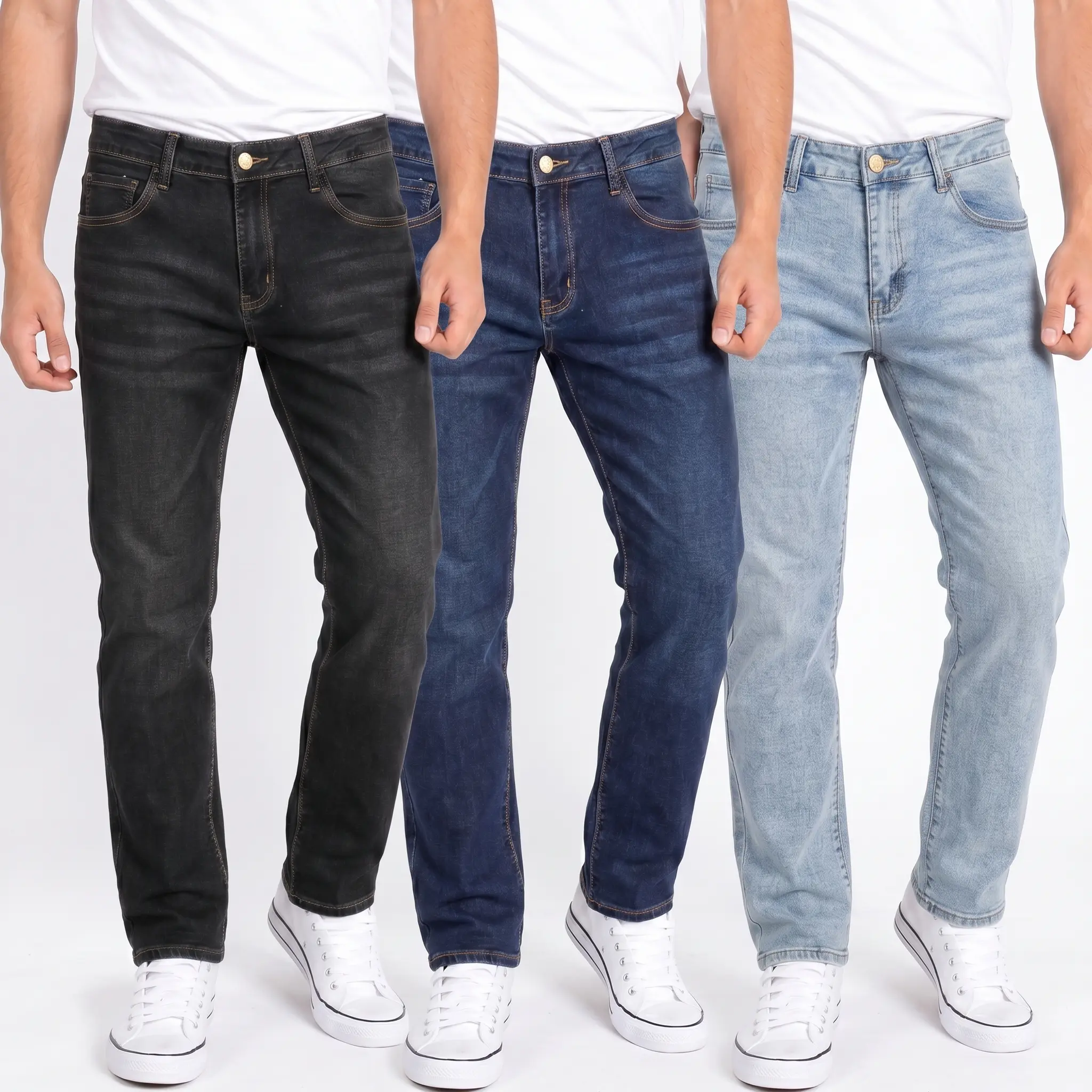Men’s single pack stretch slim straight jeans with five pockets—soft, highly stretchy everyday and business jeans that pair well with short sleeves and canvas shoes for an American casual look; suitable for shopping, dates, and short trips.