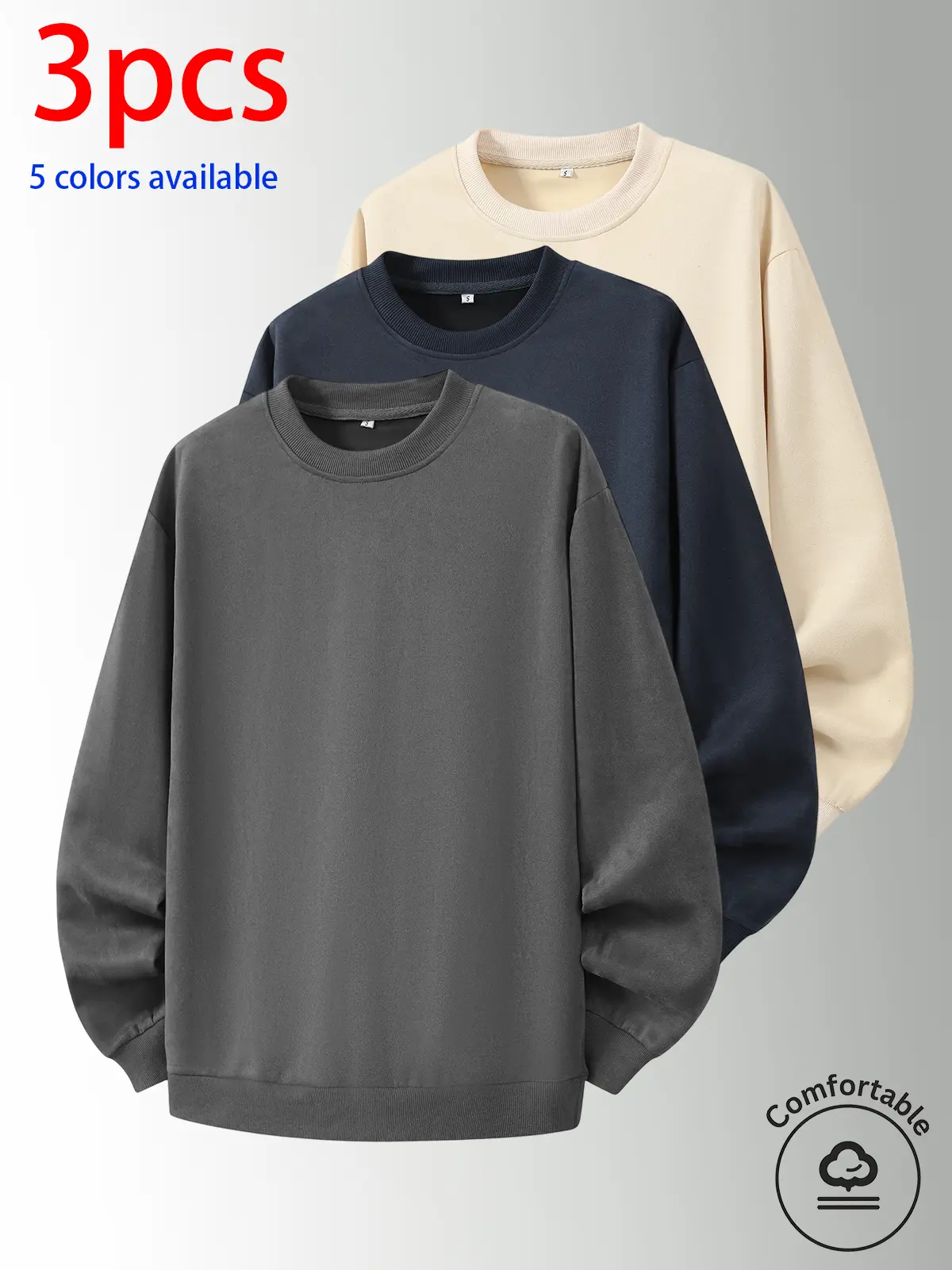 3-pack: men’s crewneck sweatshirt, men’s long-sleeve top, men’s pullover sweatshirt.Loose, comfortable fit; no print design; minimalist options available. Versatile for home, everyday casual wear, outdoor sports, campus, work, and commuting; suitable for