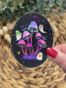 Holographic Mushroom Vinyl Sticker, Shroomy Holo Stickers, Trippy Magic Mushroom Sticker, Haunted Ghost Sticker, Witchy Mushroom Sticker
