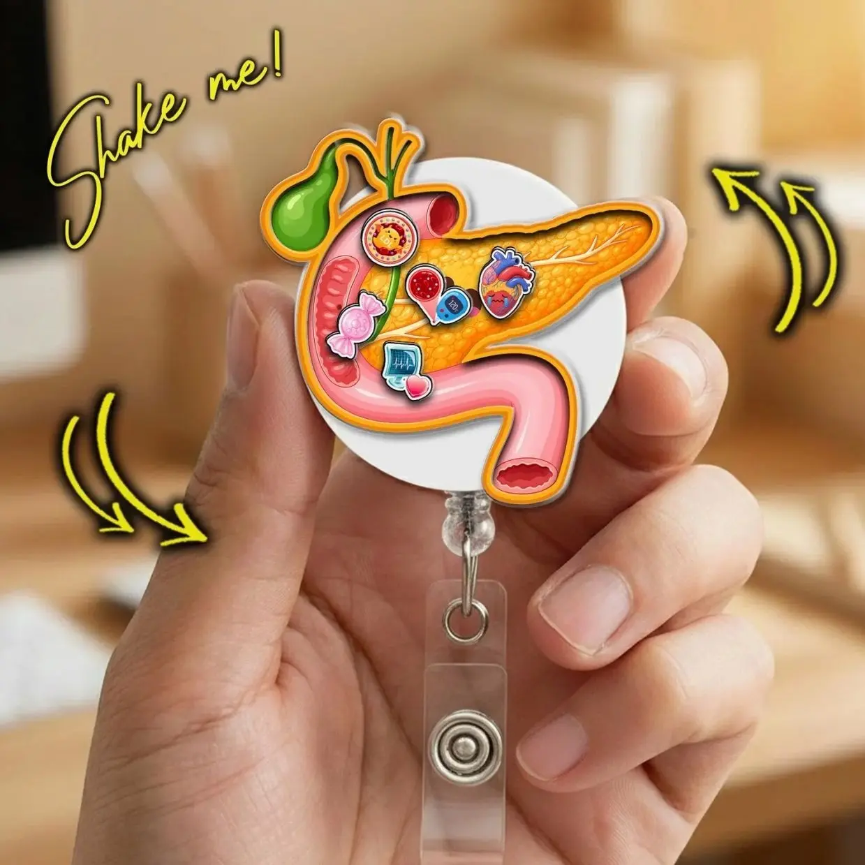 Pancreas Shaker Badge Reel, Cute Medical Badge Holder for Nurses, Retractable Healthcare ID Clip, Endocrinology Gift  UUA