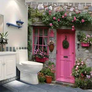 Rustic Stone Cottage Shower Curtain with Vibrant Door, Climbing Roses and Potted Flowers | Quaint European Village Feel, 12 Hooks, Housewarming Gift
