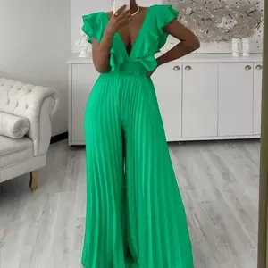Women's deep V-neck high-waisted sexy ruffle-edged pleated wide-leg jumpsuit Fashion Womenswear