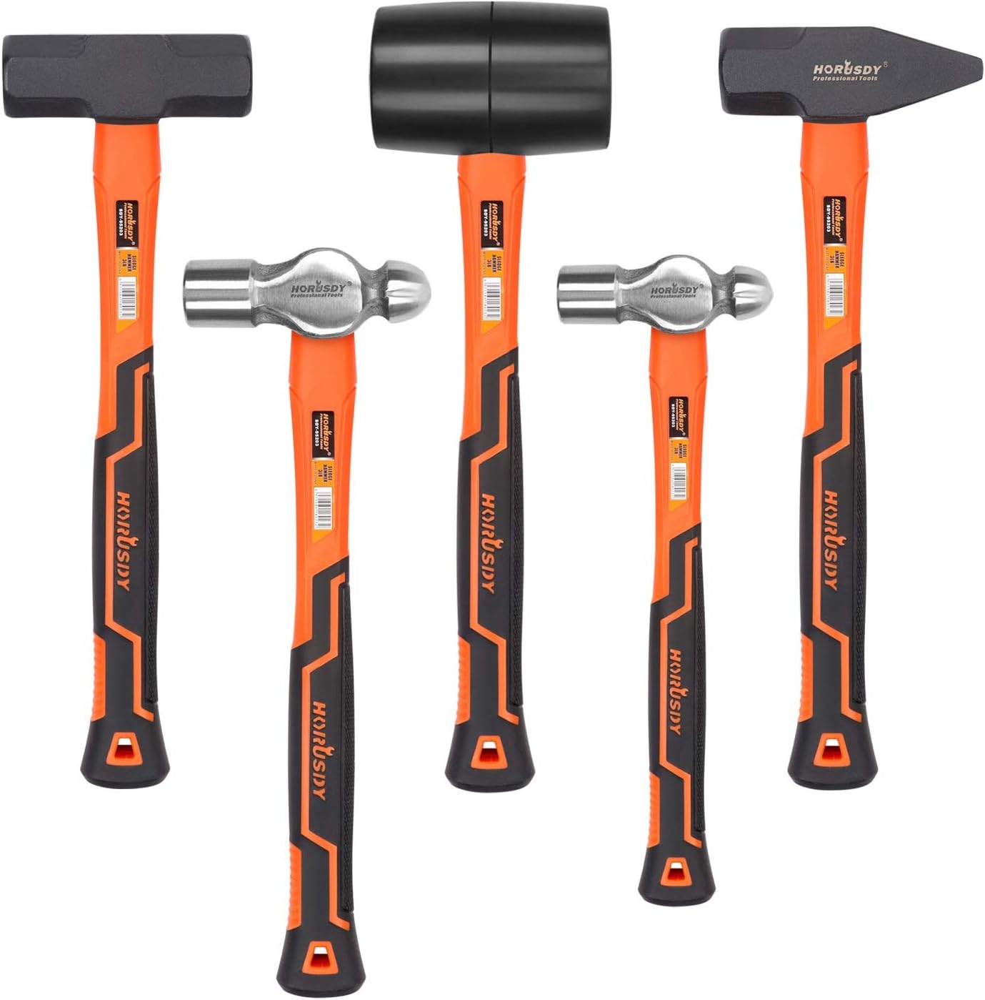 HORUSDY 5-Piece Hammer Set, 16oz Ball Pein Hammer 32oz Ball Pein Hammer 32oz Rubber Mallet 3lb Sledge Hammer 3lbCros