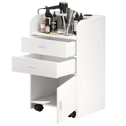 HOMBCK Minimalist Wood Salon Station Cabinet - 2 Drawers, Large Cupboard, Dryer & Beauty Tools Storage, Metal Accents, Rolling Wheels, Assembly Required, Commercial Barber Shop Use, Tidy Workspace, Modern Indoor Furniture