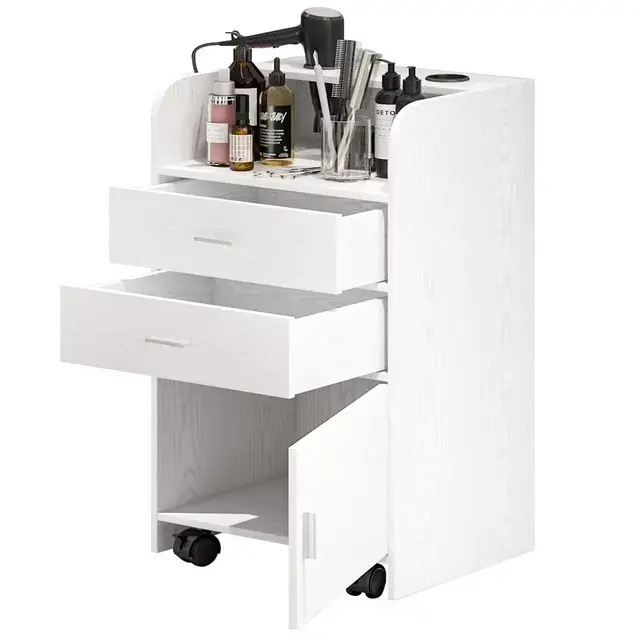 HOMBCK Minimalist Wood Salon Station Cabinet - 2 Drawers, Large Cupboard, Dryer & Beauty Tools Storage, Metal Accents, Rolling Wheels, Assembly Required, Commercial Barber Shop Use, Tidy Workspace, Modern Indoor Furniture