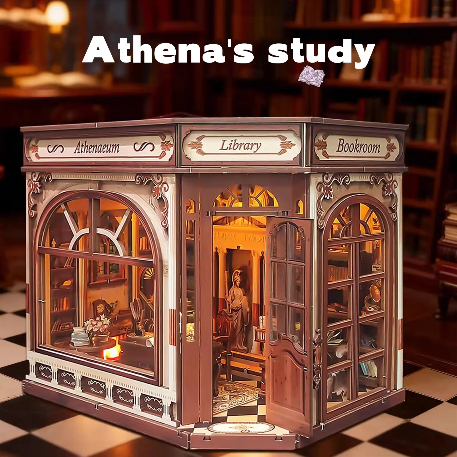 3D Wooden Puzzle-Shaped 3-D Puzzle for Adults, Athena's Study of Wisdom Book Nook Model Kit with Lights, DIY Miniature Dollhouse, Birthday & Christmas Gifts, Puzzle-Shaped 3-D Puzzles