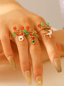 Christmas Oil-Drop Pendant Ring, Atmosphere Deer Cane Adjustable Alloy Finger Ring, Holiday Jewelry Accessory