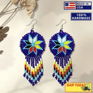 Blue 4 Directions Flower Round Beaded Handmade Earrings For Women