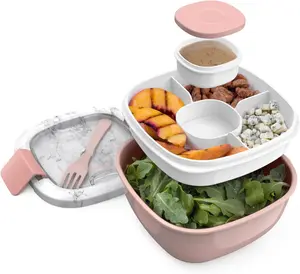 Bentgo Salad Container - 54 Oz Bowl with 4-Compartment Toppings Tray, Dressing Container, Reusable Fork, Bpa-Free Lunch Box for Meal Prep & Food Storage; Removable Bento Tray (Blush Marble) Bentgo