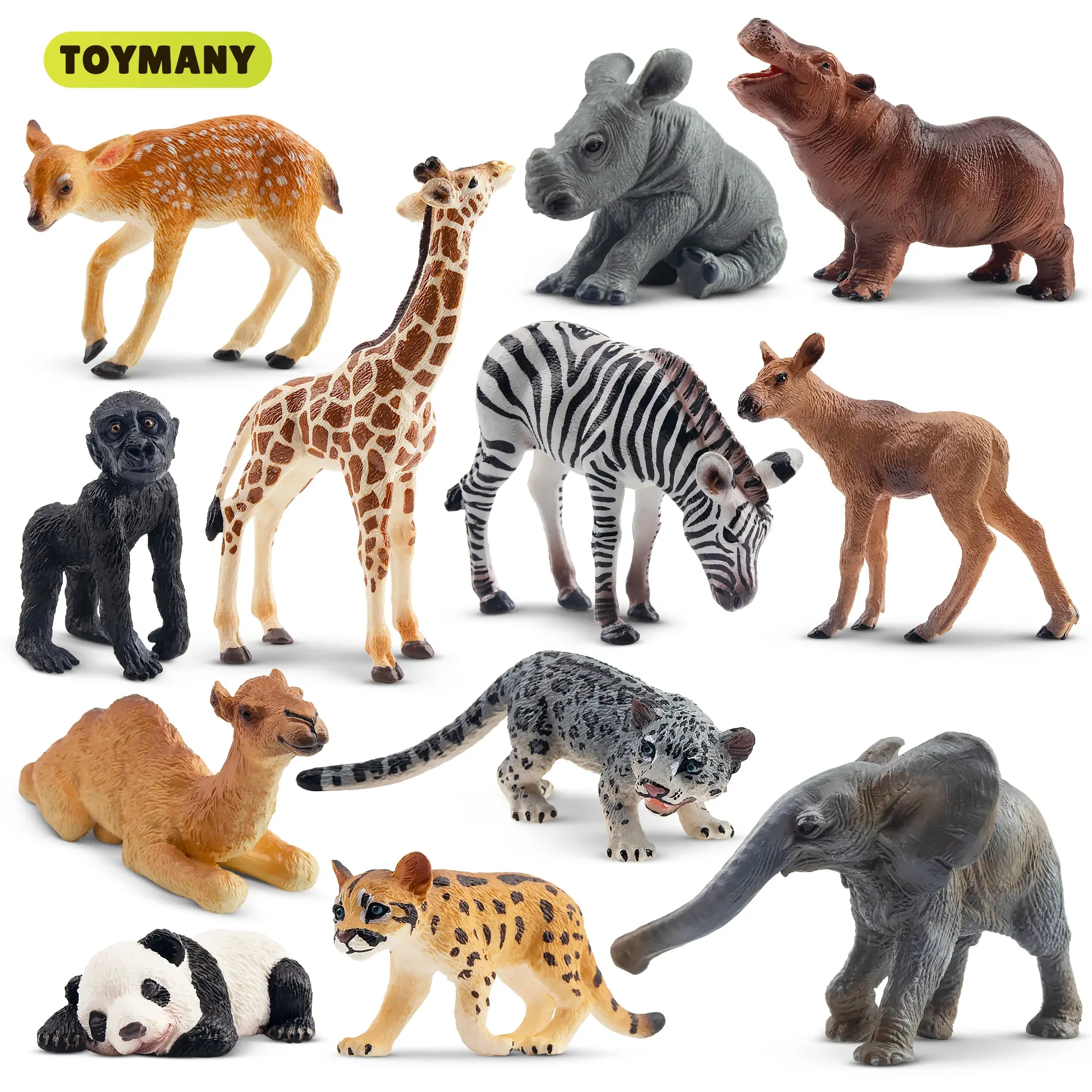 TOYMANY 12PCS Realistic Colored Plastic Forest Animal Baby PVC Figure Set, Character Miniature & Decorative Accent Woodland Action Figures (Elephant, Mountain Lion, Giraffe, Deer Cubs) for Kids, Cake Toppers, Holiday Gifts, Mini Figurines Animals