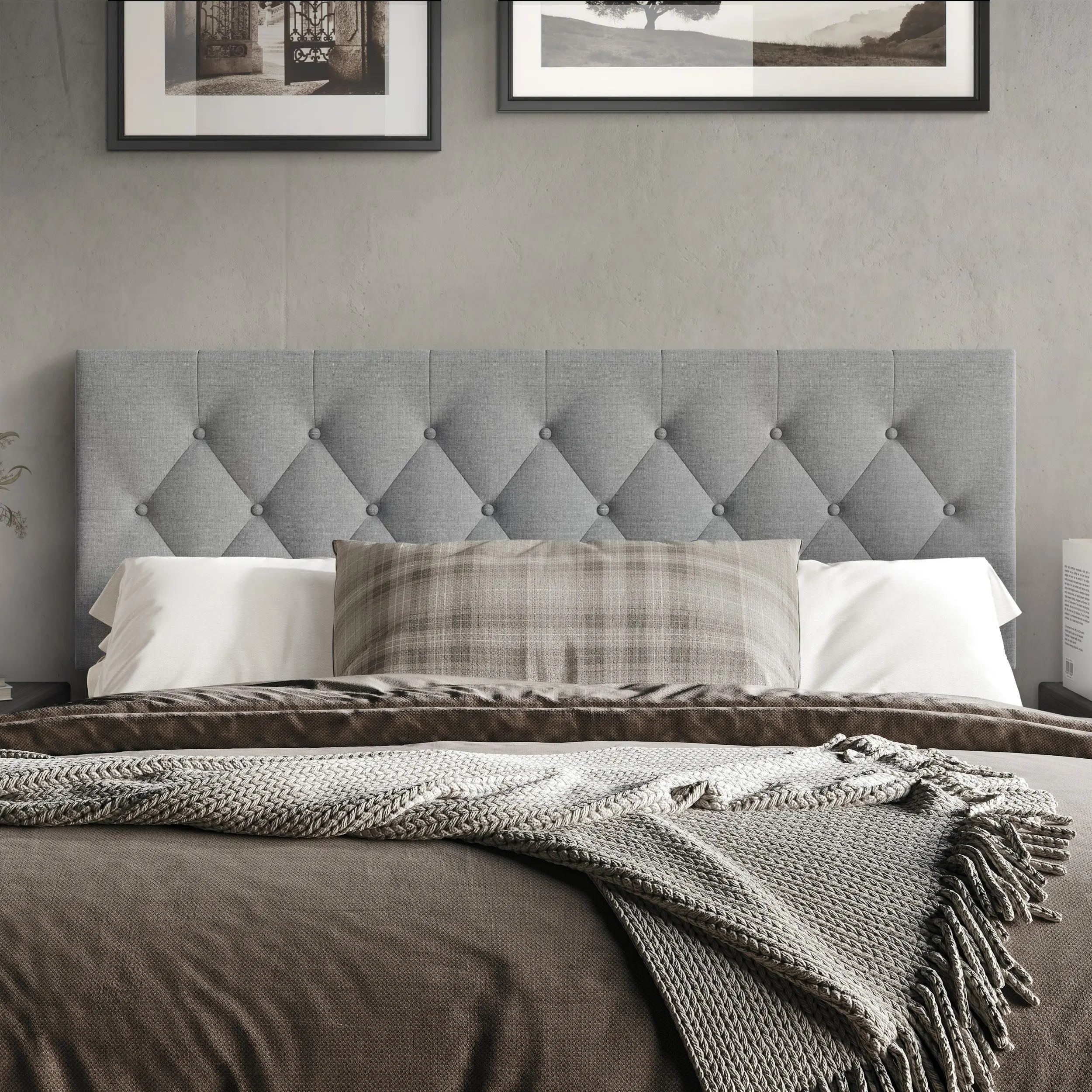 Favorer Gunnison Classic Tufted Fabric-Covered Headboard - Linen Fabric, Button Tufting, Padded, Adjustable Flexible Height Alignment, Hardware Included, Bedroom Indoor Furniture, Assembly Required, Fabric-Covered Headboards
