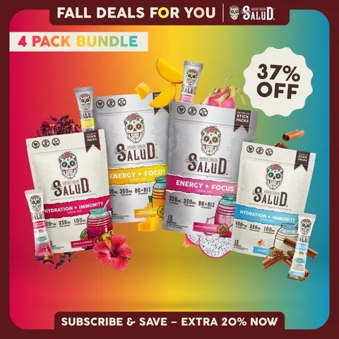 Salud 2-in-1 [Starter - All-In-One] Agua Fresca Drink Mix, Energy + Focus & Hydration + Immunity, Organic Caffeine, B6 & B12, Electrolytes, Elderberry, Non-GMO, Vegan, 1g Sugar (4-Pack, 60 Servings)