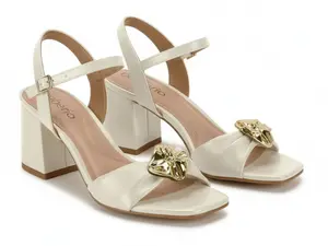 Beira Rio Conforto Women's Block Heel Sandals Off-White with Gold Ornament Detail Salto Bloco 2.5-3 Inches Comfortable & Stylish
